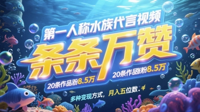 第一人称水族代言视频,条条万赞,20条作品涨粉7.8W,多种变现方式月入五位数-亮剑学堂