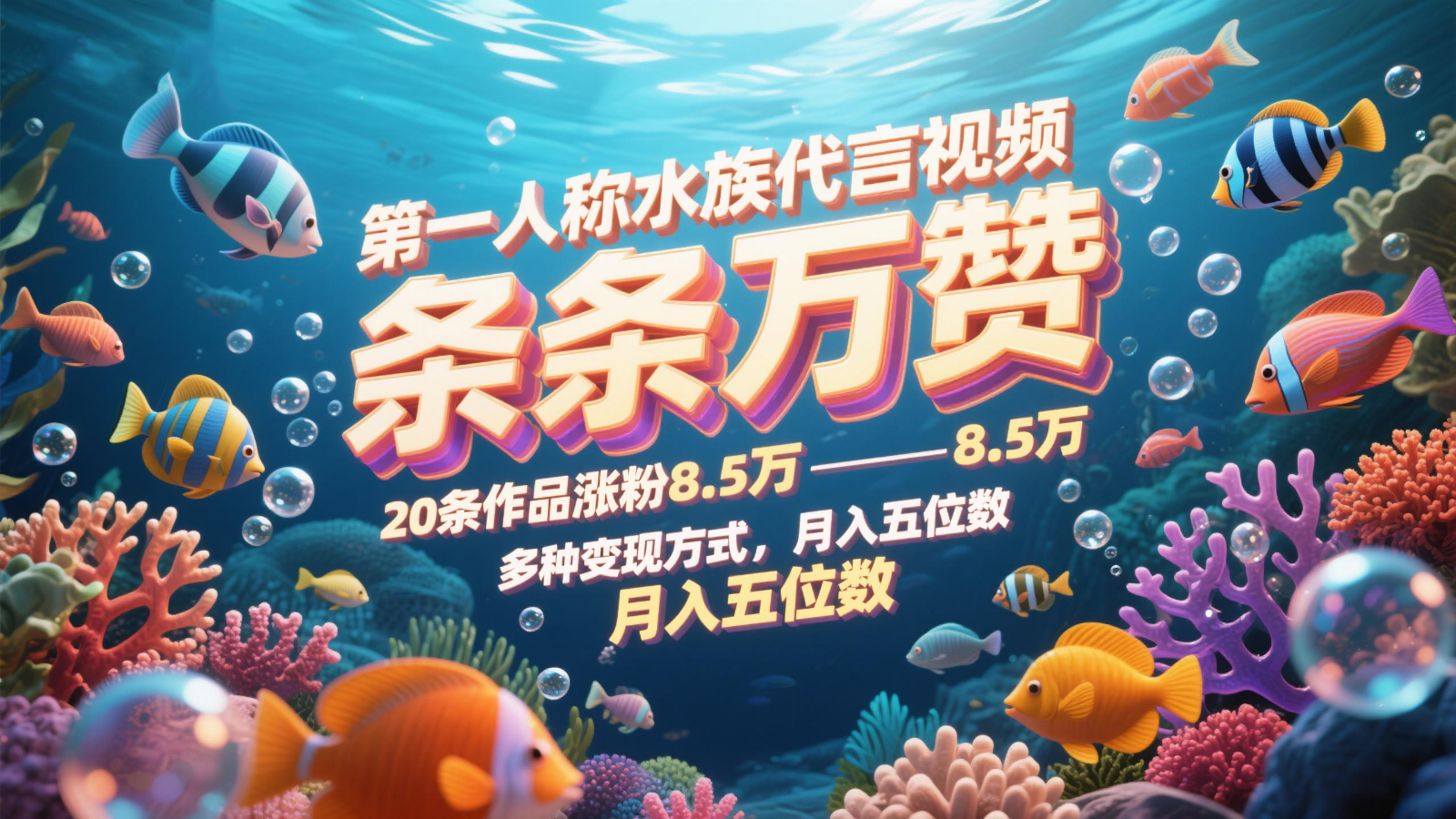 第一人称水族代言视频,条条万赞,20条作品涨粉8.5万,多种变现方式月,入五位数-亮剑学堂