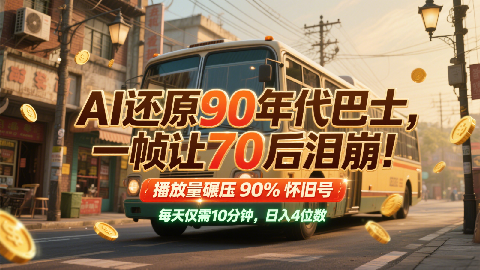 AI还原90年代巴士,一帧让70后泪崩!播放量碾压90%怀旧号,每天10分钟,日入4位数-亮剑学堂