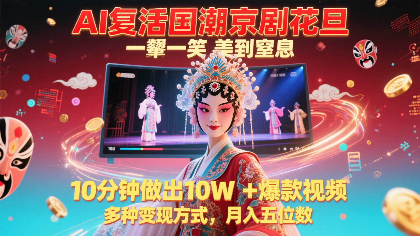 AI复活国潮京剧花旦,一颦一笑美到窒息,10分钟做出10W+爆款视频,多种变现方式-亮剑学堂