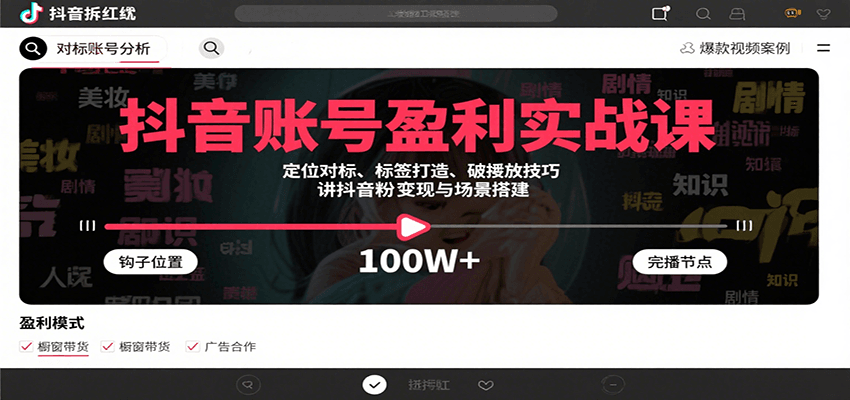 抖音账号盈利实战课,定位对标、标签打造、破播放技巧,讲涨粉变现与场景搭建-亮剑学堂