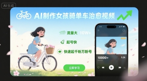 AI制作女孩骑单车治愈视频,流量大,起号快,快速起千粉万粉号-亮剑学堂