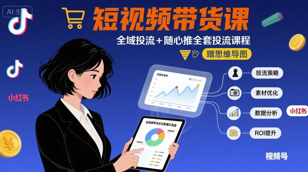 最新短视频带货课,全域投流+随心推全套投流课程+思维导图-极光库