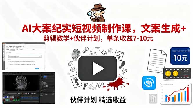 AI大案纪实短视频制作课,文案生成+剪辑教学+伙伴计划,单条收益7-10元-亮剑学堂