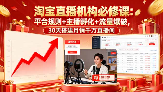 淘宝直播机构必修课:平台规则/主播孵化/流量爆破,30天搭建月销千万直播间-亮剑学堂