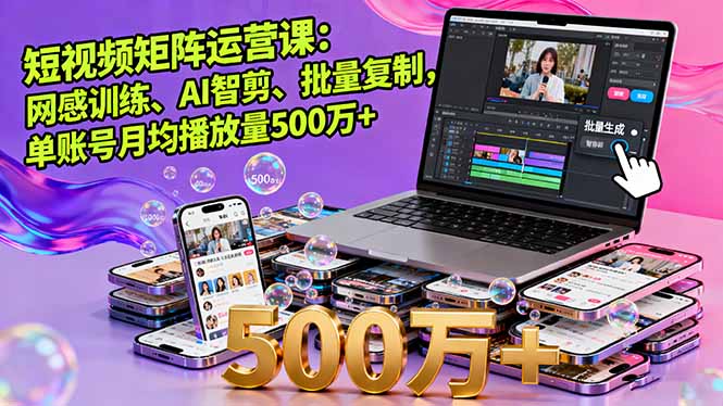 短视频矩阵运营课:网感训练、AI智剪、批量复制,单账号月均播放量500万+-亮剑学堂