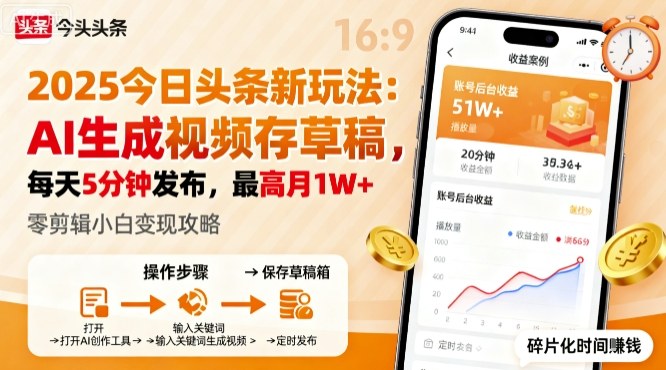 2025年今日头条躺賺新玩法,AI生成视频存草稿,每天5分钟发布,最高月1W+-亮剑学堂