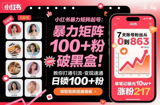 小红书暴力矩阵起号,教你打通引流-变现速通,日锁100+粉,破流量黑盒-亮剑学堂