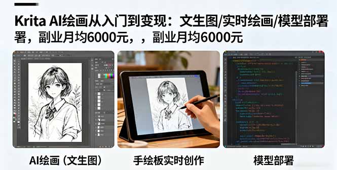 Krita AI绘画从入门到变现:文生图/实时绘画/模型部署,副业月均6000元-亮剑学堂