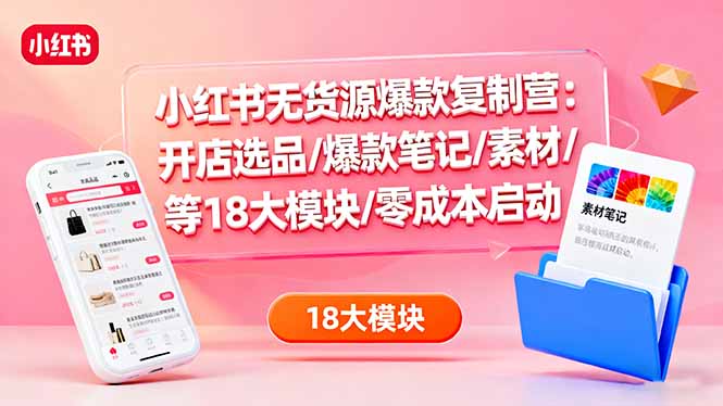 小红书无货源爆款复制营:开店选品/爆款笔记/素材/等18大模块/零成本启动-亮剑学堂