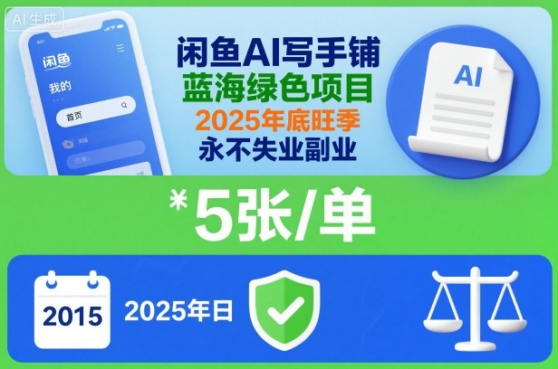 闲鱼AI写手铺,蓝海绿色项目,一单5张,2025年底旺季,永不失业副业-亮剑学堂