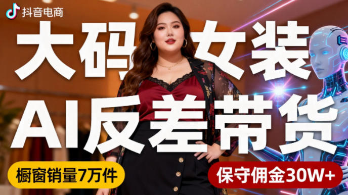 抖音小众赛道,大码女装AI反差带货,不用直播,每天6条作品,橱窗卖7万件,保守佣金30W+-亮剑学堂