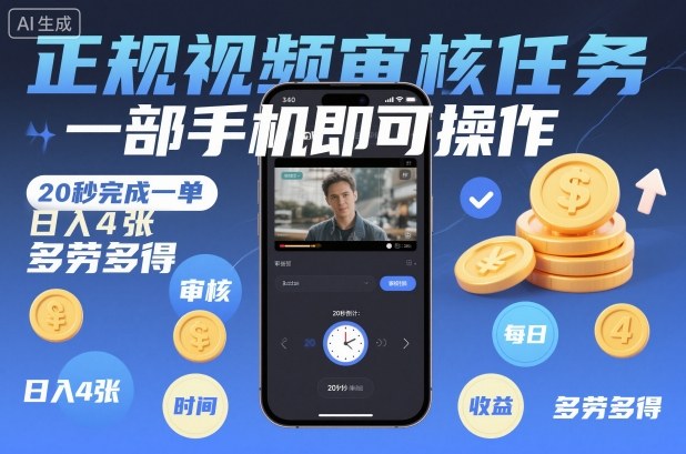 正规视频审核任务,一部手机即可操作,20秒完成一单,日入4张,多劳多得-亮剑学堂