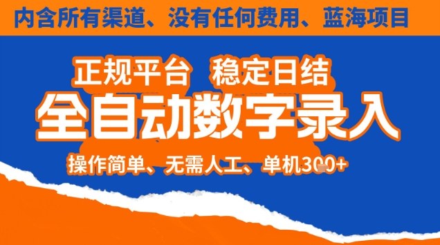 全自动数字录入,单机日入3张+,内含所有渠道全程免费零成本,操作简单可矩阵开干-亮剑学堂