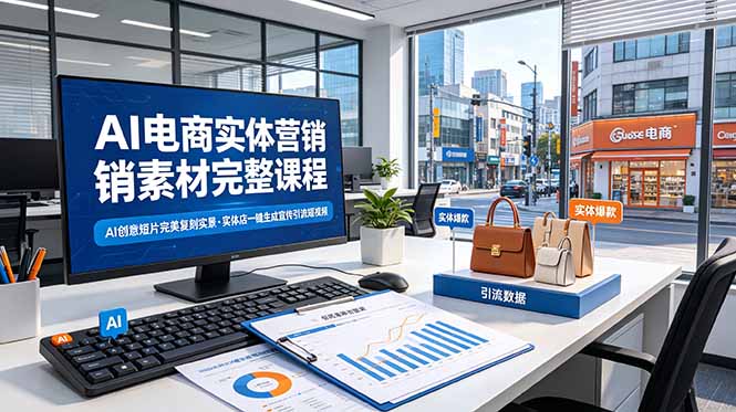 AI电商实体营销素材完整课程，AI创意短片完美复刻实景，实体店一键生成宣传引流短视频-极光库