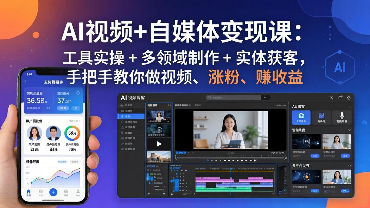 AI视频+自媒体变现课：工具实操 + 多领域制作 + 实体获客，手把手教你做视频、涨粉、赚收益-极光库
