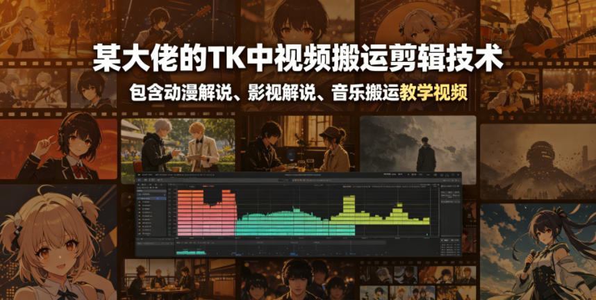 某大佬的TK中视频搬运剪辑技术，包含动漫解说、影视解说、音乐搬运教学视频-极光库