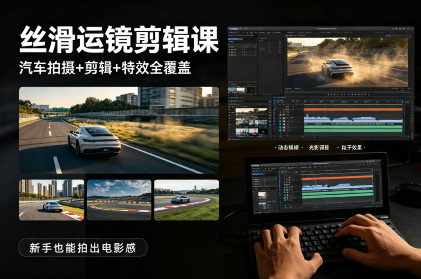 大叔丝滑运镜剪辑课，汽车拍摄+剪辑+特效全覆盖，新手也能拍出电影感-极光库