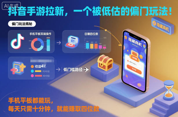 抖音手游拉新，一个被低估的偏门玩法！手机平板都能玩，每天只需十分钟，就能賺取四位数【揭秘】-极光库