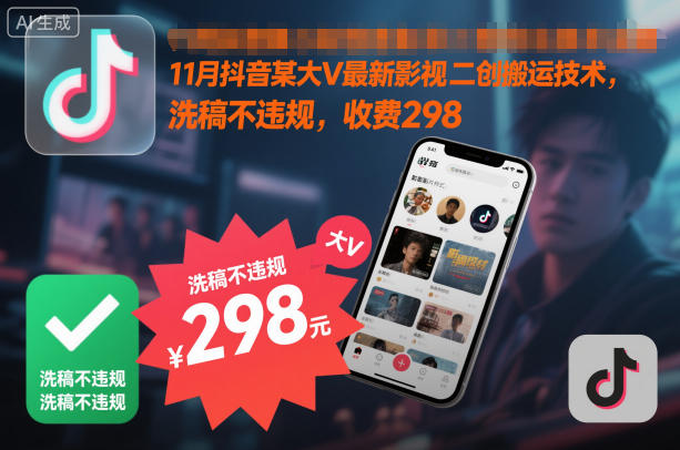 11月抖音某大V最新影视二创搬运技术，洗稿不违规，收费298-极光库