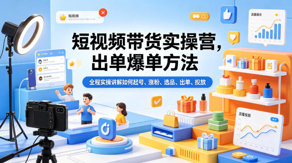短视频带货实操营，出单爆单方法，全程实操讲解如何起号、涨粉、选品、出单、投放-极光库
