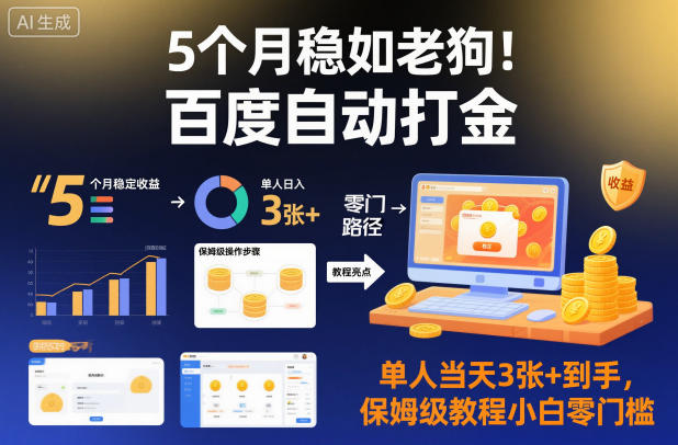 5个月稳如老狗！百度自动打金，单人当天3张+到手，保姆级教程小白零门槛【揭秘】-极光库