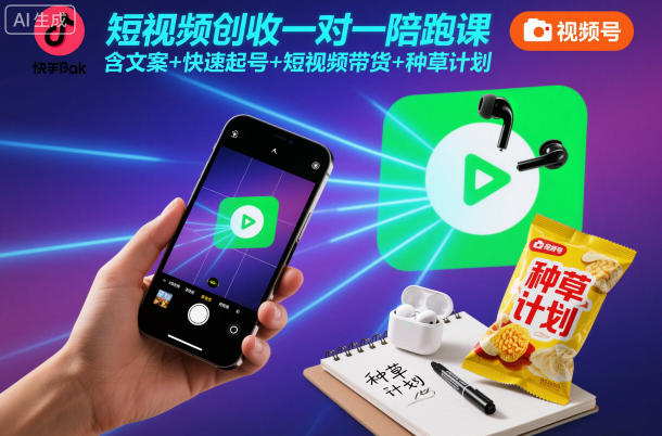 短视频创收一对一陪跑课，含文案+快速起号+短视频带货+种草计划-极光库