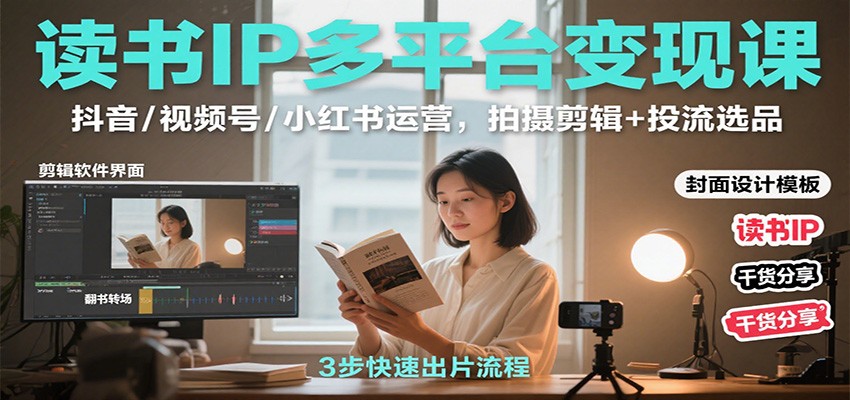 读书IP多平台变现课:抖音/视频号/小红书运营,拍摄剪辑+投流选品-极光库