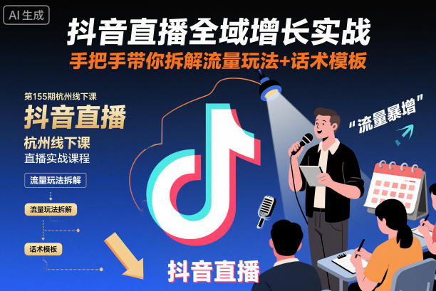 抖音直播全域增长实战第155期杭州线下课，手把手带你拆解流量玩法+话术模板-极光库