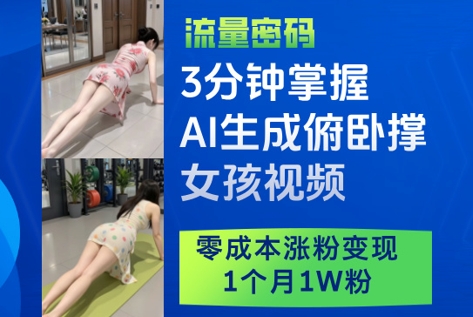 3分钟掌握AI生成俯卧撑女孩视频，零成本涨粉变现，1个月1W粉-AIPOD