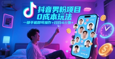 抖音男粉项目0成本玩法，一部手机即可操作，日均4张+，时间自由-AIPOD
