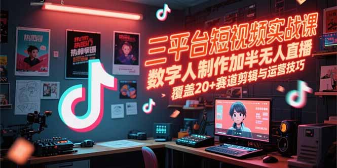 三平台短视频实战课，数字人制作加半无人直播，覆盖20+赛道剪辑与运营技巧-AIPOD