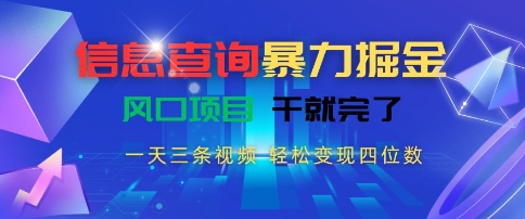 信息查询暴力掘金，一天三条视频，轻松变现四位数，风口项目干就完了-AIPOD