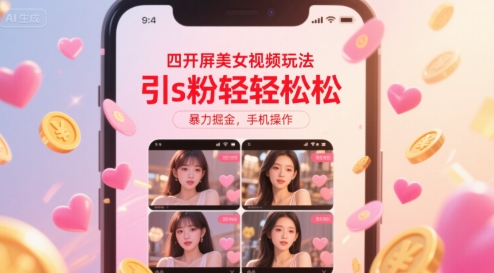 四开屏美女视频玩法，引s粉轻轻松松，暴力掘金，手机操作-AIPOD