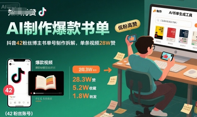 AI制作爆款书单，抖音42粉丝博主书单号制作拆解，单条视频28W赞-AIPOD