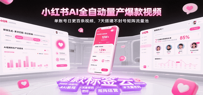 小红书AI全自动量产爆款视频，单账号日更百条视频，7天搭建不封号矩阵流量池-AIPOD