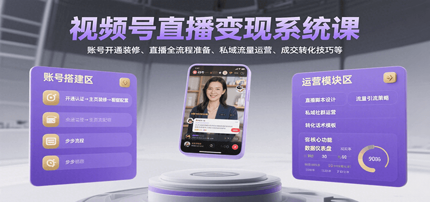视频号直播变现系统课，账号开通装修、直播全流程准备、私域流量运营、成交转化技巧等-AIPOD