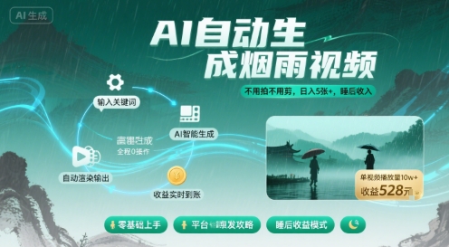不用拍不用剪！AI自动生成烟雨视频，日入5张+，睡后收入-AIPOD