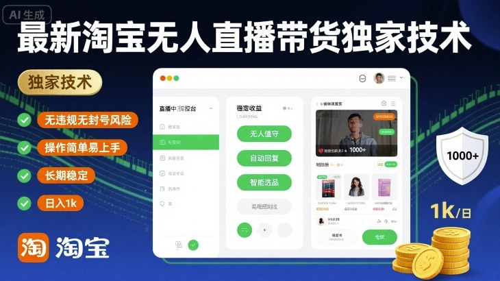 最新淘宝无人直播带货独家技术，无违规无封号风险，操作简单易上手，长期稳定日入1k-AIPOD