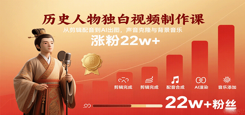 历史人物独白视频制作课，从剪辑配音到AI出图，声音克隆与背景音乐，涨粉22w+-AIPOD