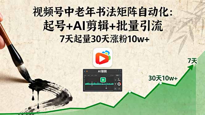 视频号中老年书法矩阵自动化：起号+AI剪辑+批量引流 7天起量30天涨粉10w+-AIPOD