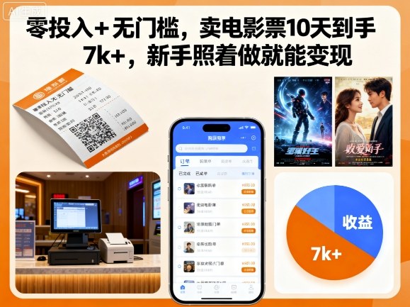 零投入+无门槛，卖电影票10天到手7k+，新手照着做就能变现-AIPOD