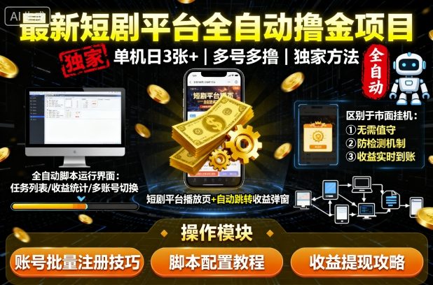 最新短剧平台全自动挂G撸金项目，单机一天3张+，多号多撸，区别于市面所有挂机项目，独家方法-AIPOD