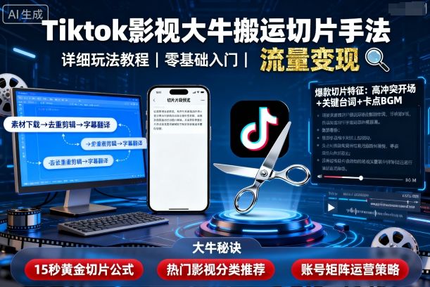 Tiktok影视大牛搬运切片手法，详细玩法教程-AIPOD