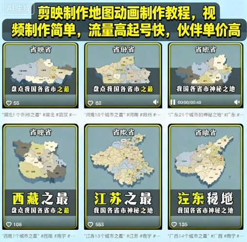 剪映制作地图动画制作教程，视频制作简单，流量高起号快，伙伴单价高-AIPOD