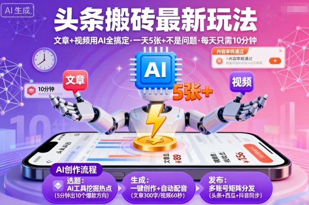头条搬砖最新玩法，文章+视频用AI全搞定，一天5张+不是问题，每天只需10分钟-AIPOD