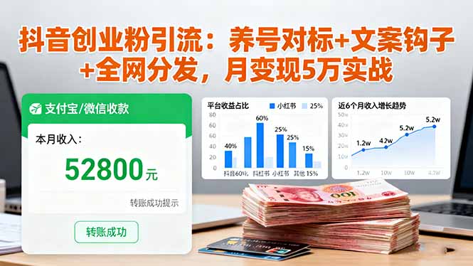 抖音创业粉引流：养号对标+文案钩子+全网分发，月变现5万实战-亮剑学堂