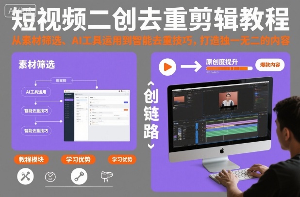 短视频二创去重剪辑教程，从素材筛选、AI工具运用到智能去重技巧，打造独一无二的内容-亮剑学堂