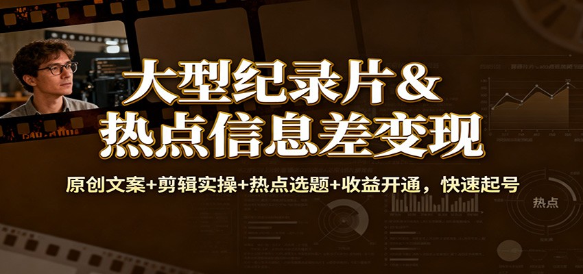 大型纪录片&热点信息差变现：原创文案+剪辑实操+热点选题+收益开通，快速起号-极光库