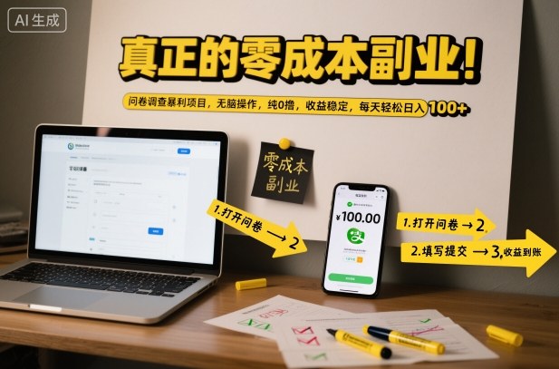 真正的零成本副业！问卷调查暴利项目，无脑操作，纯0撸，收益稳定，每天轻松日入100+-极光库